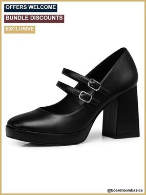 Chunky Heel Mary Jane Pumps with Buckle - 3.5 Inch Block Heel